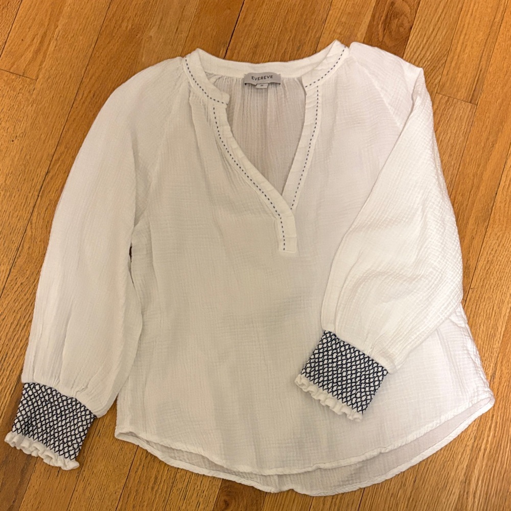 Evereve White Blouse with Blue Patterned Cuffs